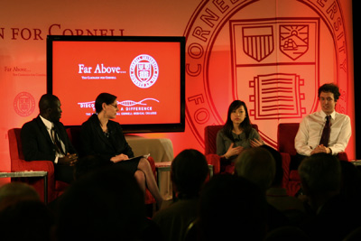 From left, David Korda, Valerie Reyna, Serena Chiang and Dorian Bandy discuss the student experience at Cornell.