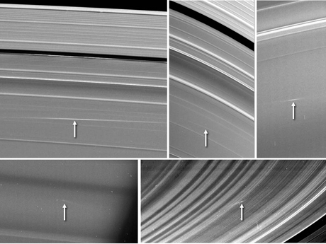 Images of material ejected from impacts into Saturn's rings.