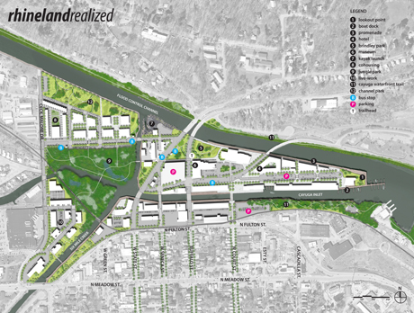 A plan of Ithaca’s “Rhineland” waterfront area.