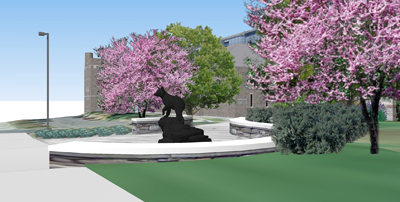 Rendering shows Touchdown statue at corner of Campus Road and Garden Avenue