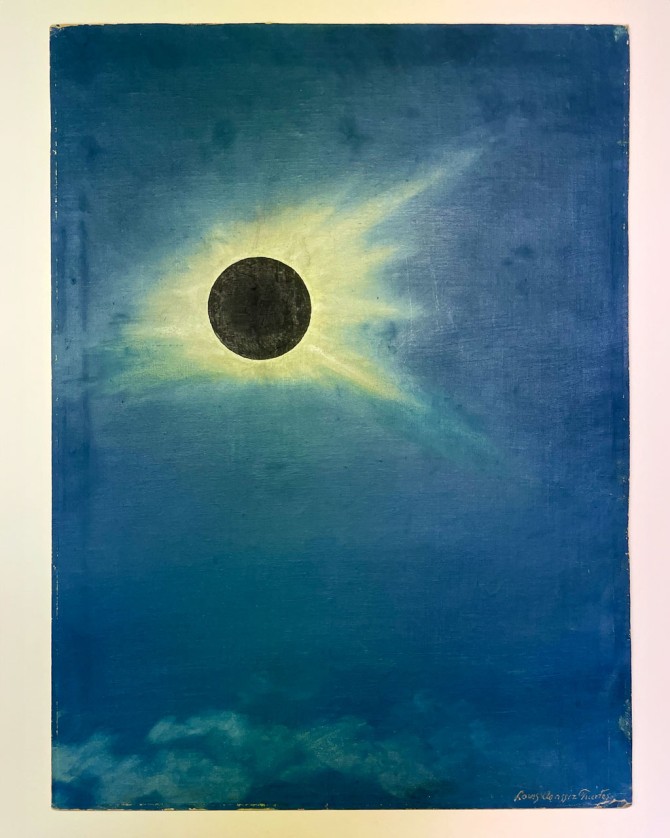 An oil painting done by ornithologist Louis Agassiz Fuertes, during the Jan. 24, 1925 solar eclipse.