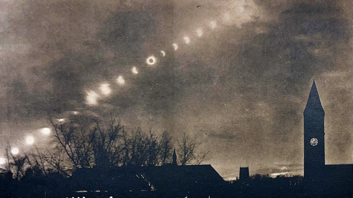 A detail of the 1926 “Cornell Calendar” sold by G. F. Morgan, featuring Morgan’s multiple-exposure photograph of the 1925 total solar eclipse and other scenes of campus.