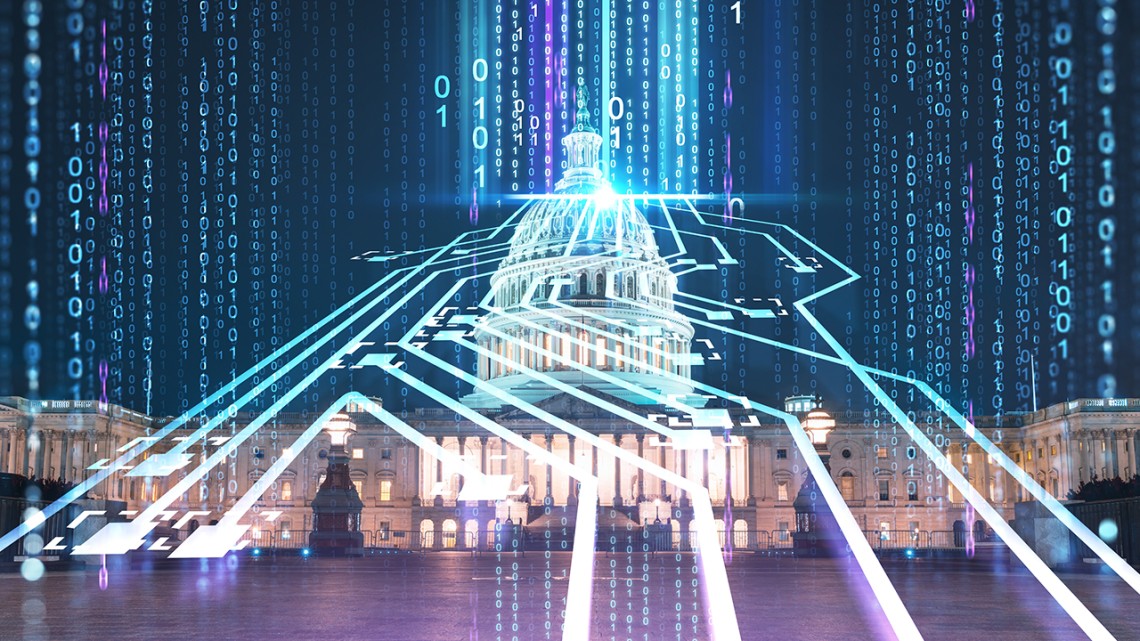 The U.S. Capitol Building at night with an AI text and microchip overlay