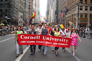 The Big Red marches down Fifth Avenue.