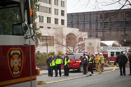 Fire trucks outside Statler