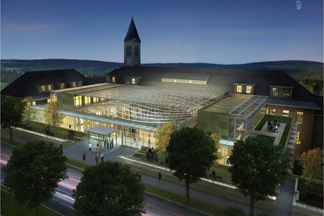 An architects' rendering of the Klarman Hall atrium at night.