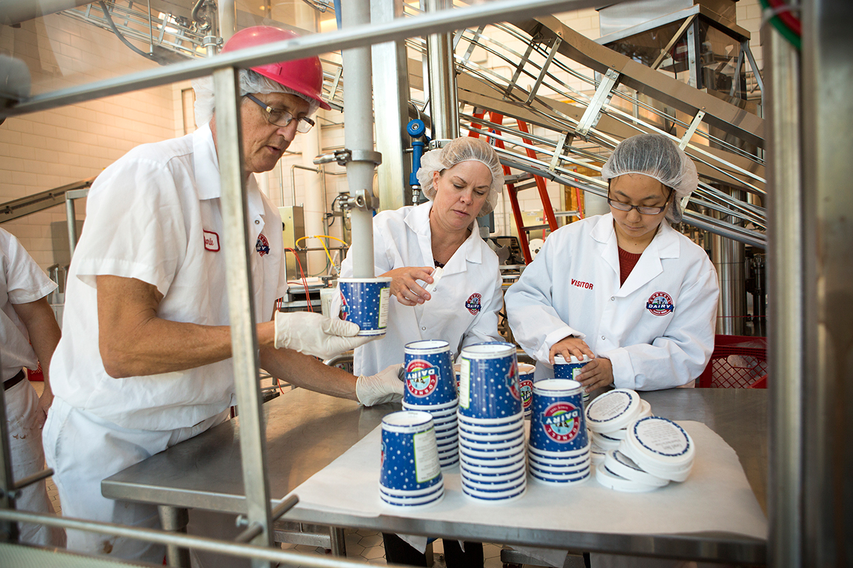 Dairy plant workers with ice cream