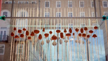 An installation titled “The Weighted Loom” hangs in the Human Ecology Building.